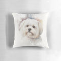 Watercolor illustration of a cute and adorable Maltese dog on a decorative throw pillow.