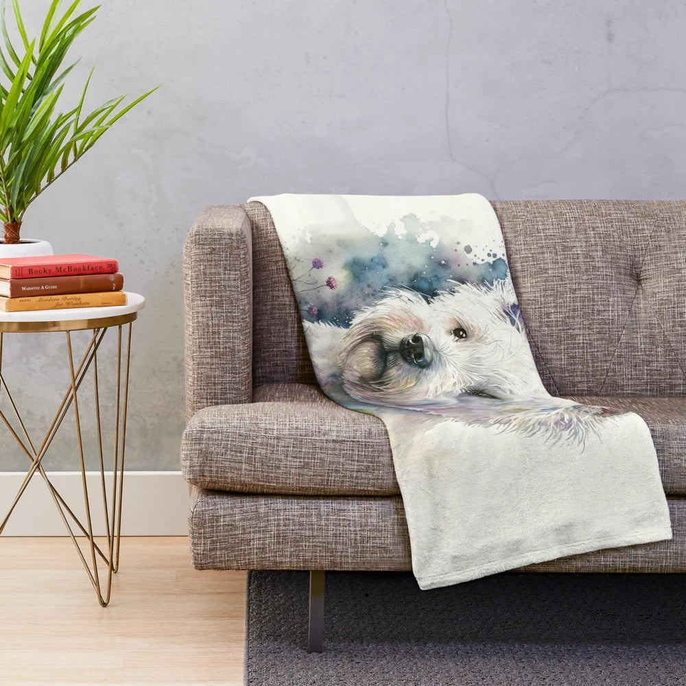 Watercolor west highland white terrier dog on a plush blanket
