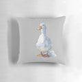 Whimsical white duck illustration in a watercolor and ink drawing style on a soft, plush pillow.