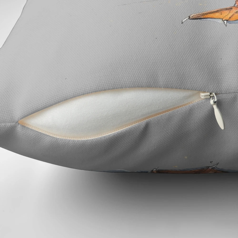 Whimsical white duck illustration in a watercolor and ink drawing style on a soft, plush pillow.