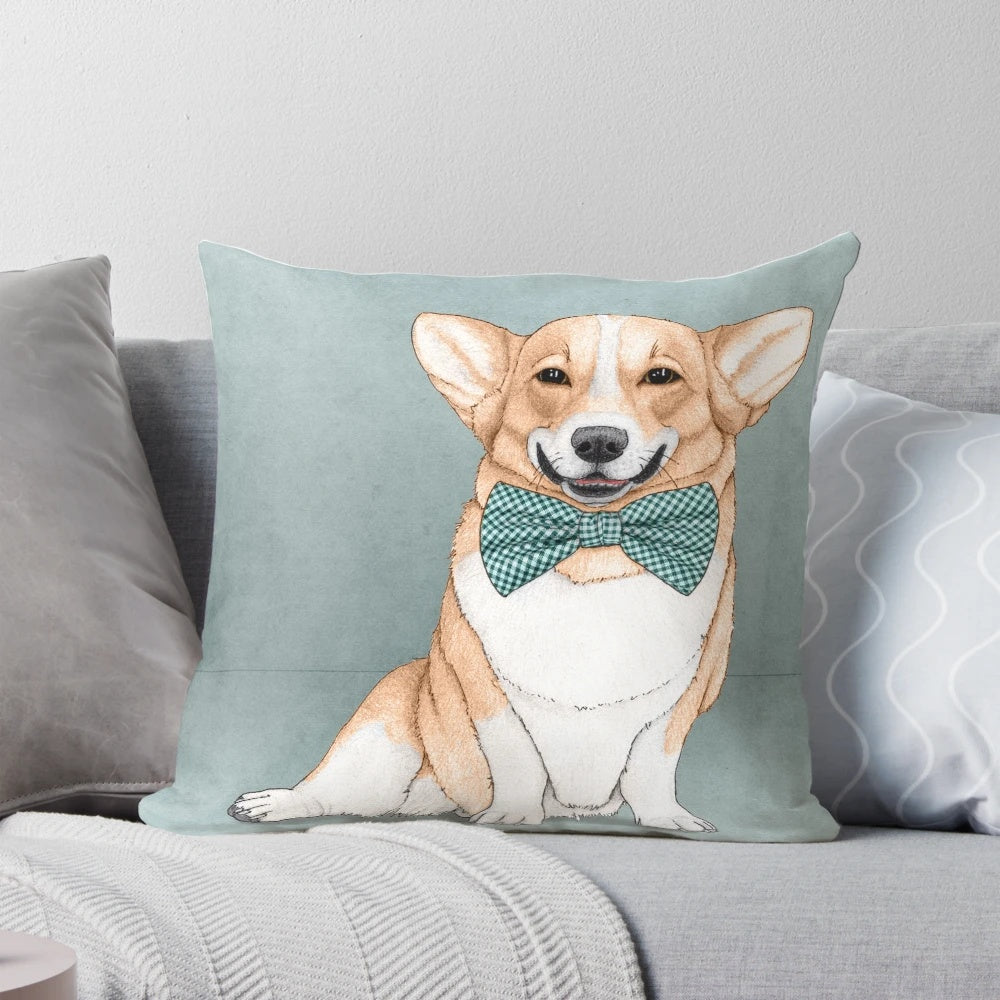 Soft and cuddly Welsh Corgi dog pillow with a sweet smile and vintage bow tie