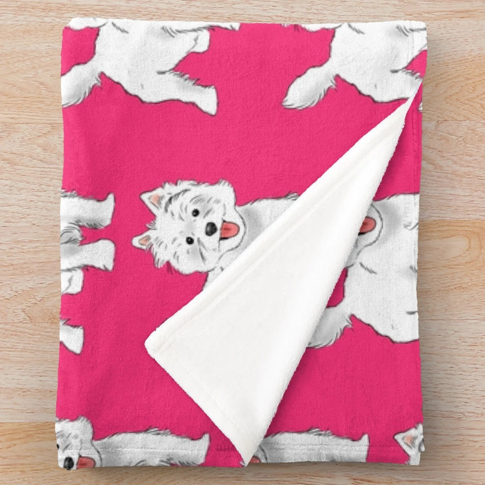 Soft, fluffy Westie plush blanket featuring a smiling West Highland White Terrier