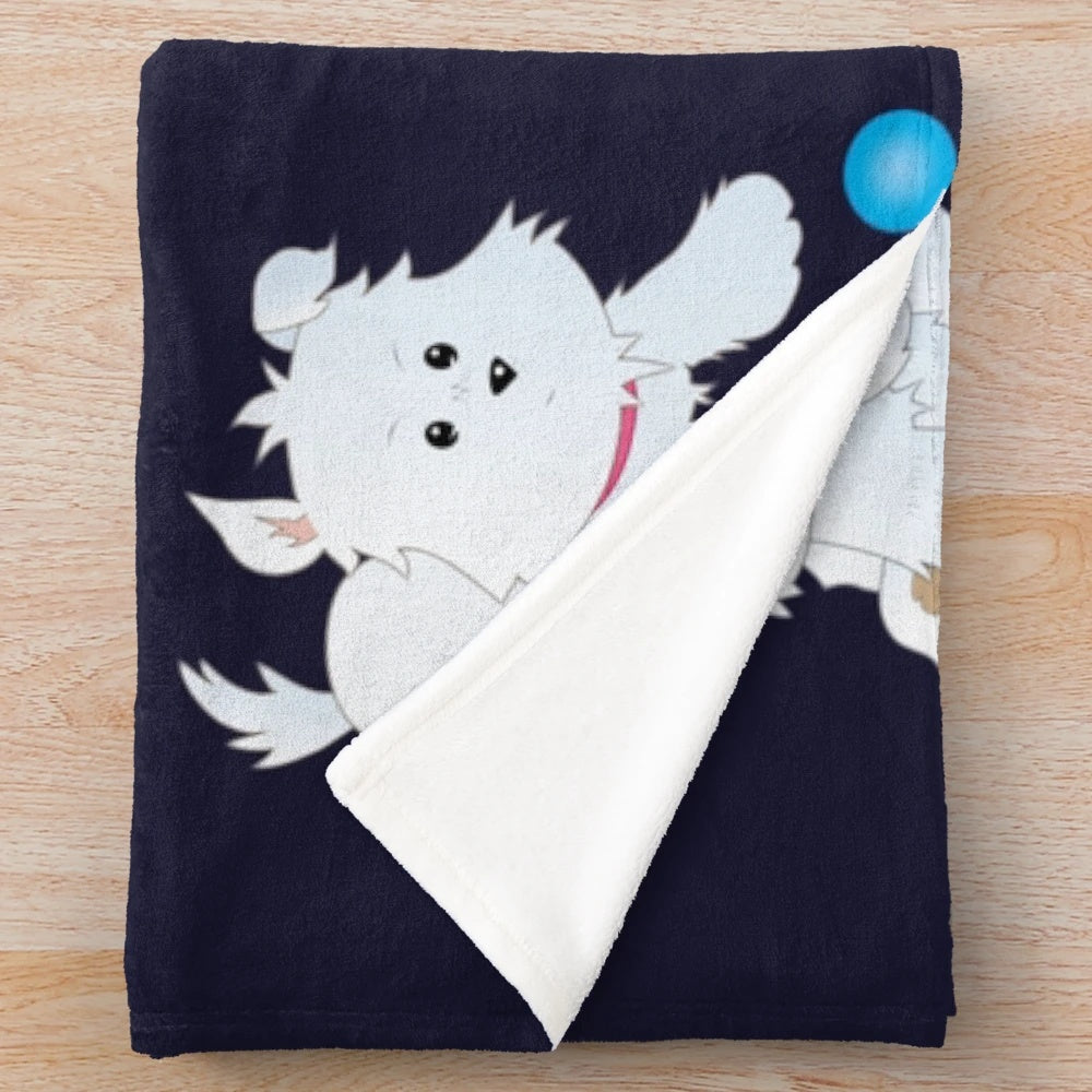 Cute hand-drawn Westie puppy playing on a plush, colorful blanket