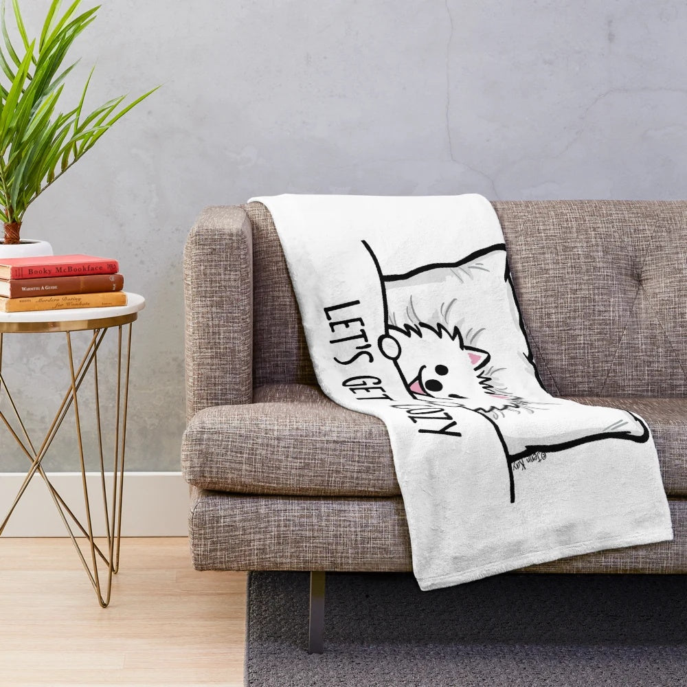 Cute cartoon-style white pomeranian dog on a plush blanket