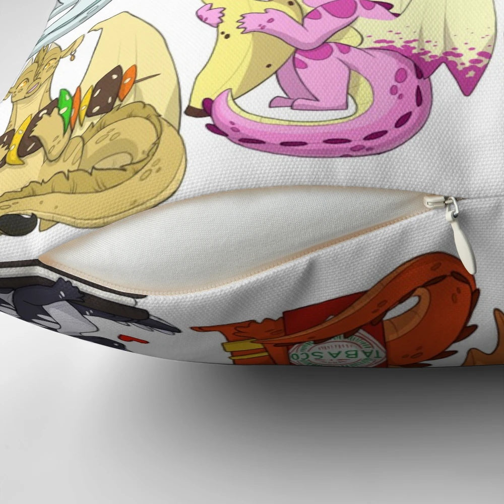 Soft, plush pillow featuring cute chibi dragons from the Wings of Fire book series, surrounded by delicious food items like chocolate, pineapple, and sushi.