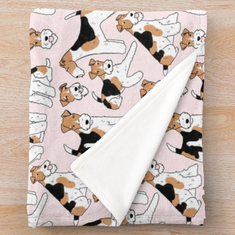 Wire Fox Terrier plush blanket with cute illustration