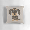 Soft, plush pillow featuring a wirehaired dachshund or wire haired weiner dog in a tan and brown color scheme.