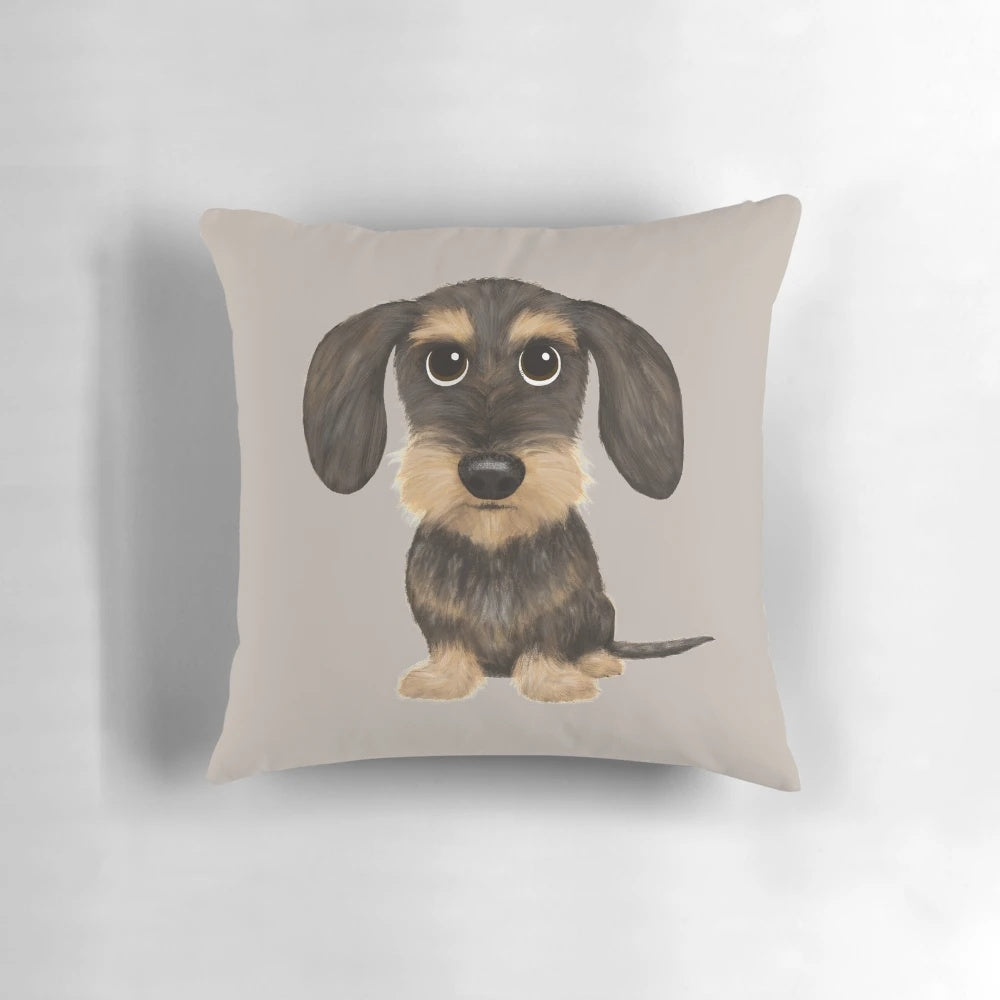 Soft, plush pillow featuring a wirehaired dachshund or wire haired weiner dog in a tan and brown color scheme.