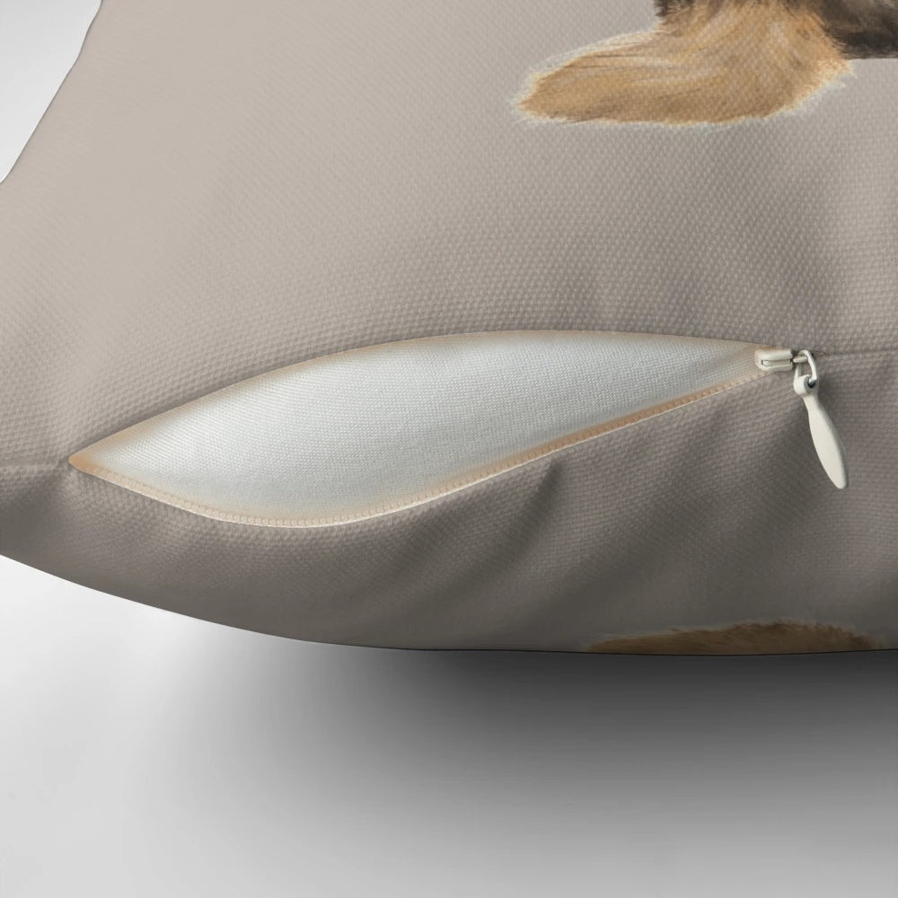 Soft, plush pillow featuring a wirehaired dachshund or wire haired weiner dog in a tan and brown color scheme.
