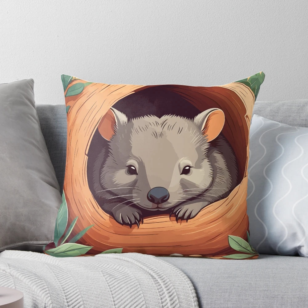 A decorative throw pillow featuring a cute, cartoon-style illustration of a wombat, a beloved Australian marsupial.