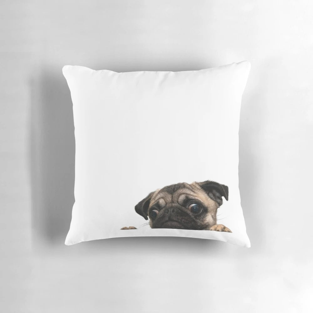 Close-up of a worried-looking pug dog on a plush pillow