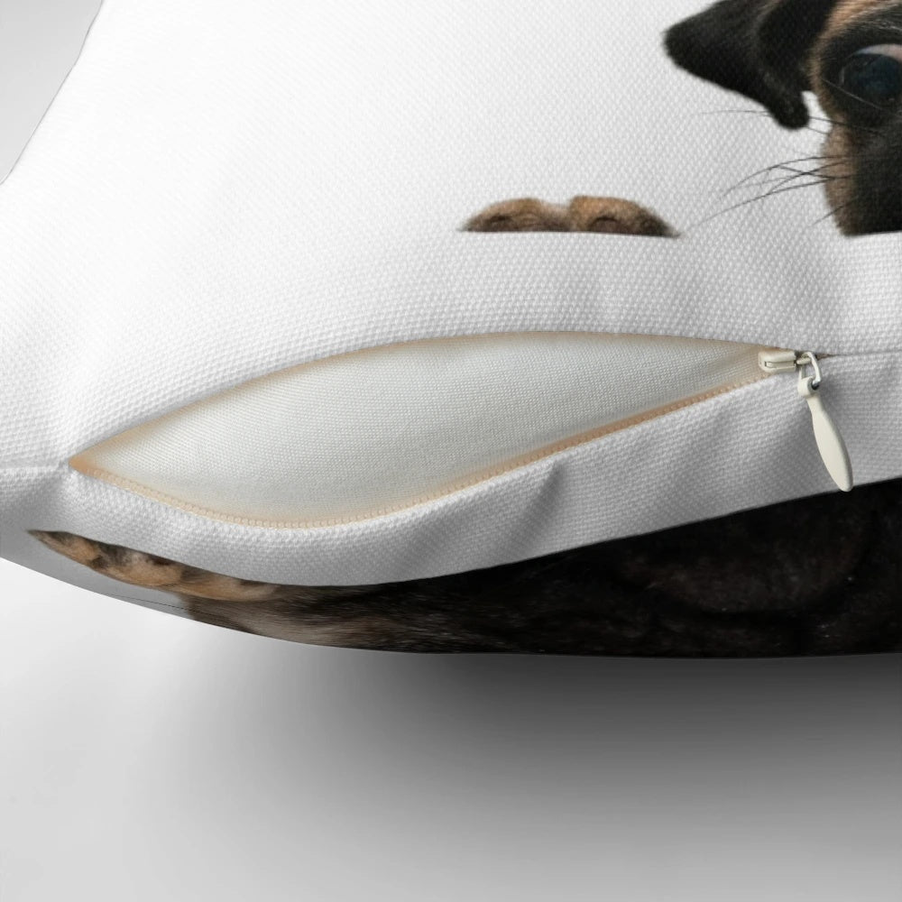 Close-up of a worried-looking pug dog on a plush pillow