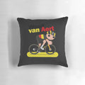A soft, plush pillow featuring a cartoon image of Belgian professional cyclist Wout van Aert.