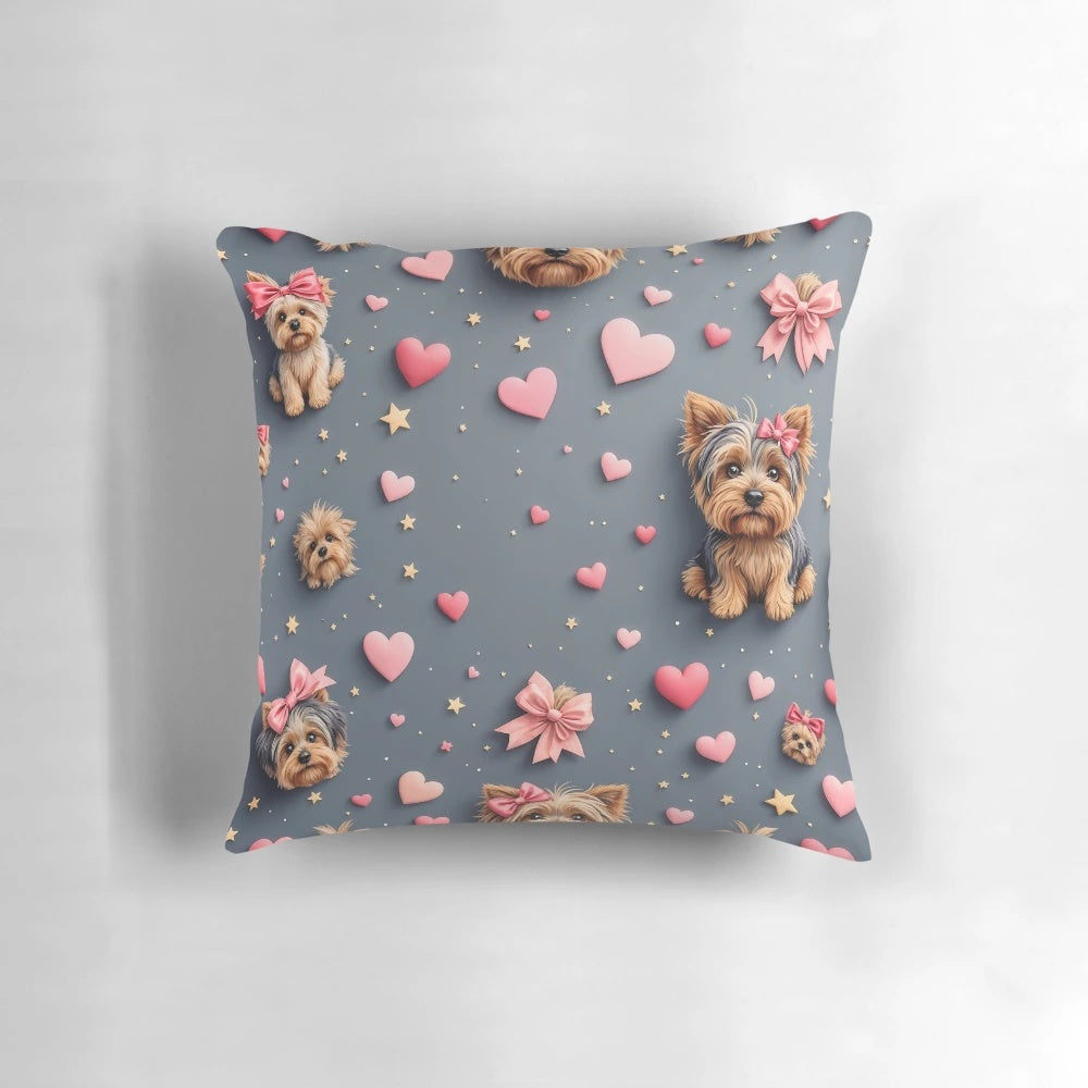 A 3D illustration of Yorkshire Terriers wearing bows and ribbons, surrounded by hearts and stars, on a whimsical background.