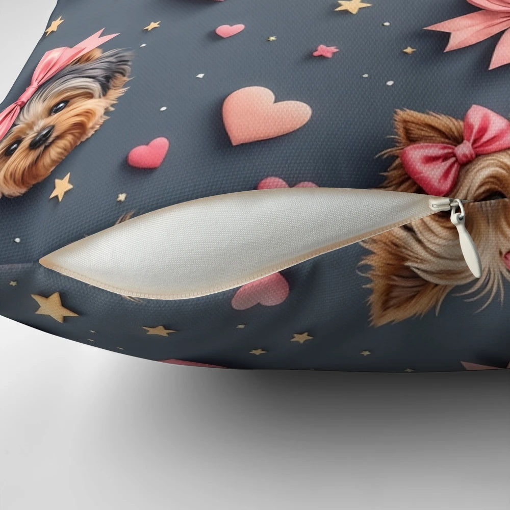 A 3D illustration of Yorkshire Terriers wearing bows and ribbons, surrounded by hearts and stars, on a whimsical background.