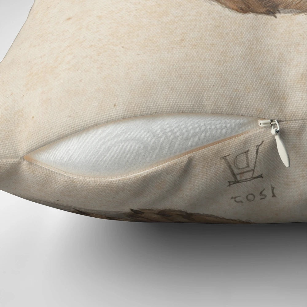 Soft, plush pillow featuring the famous "Young Hare" painting by Albrecht Dürer