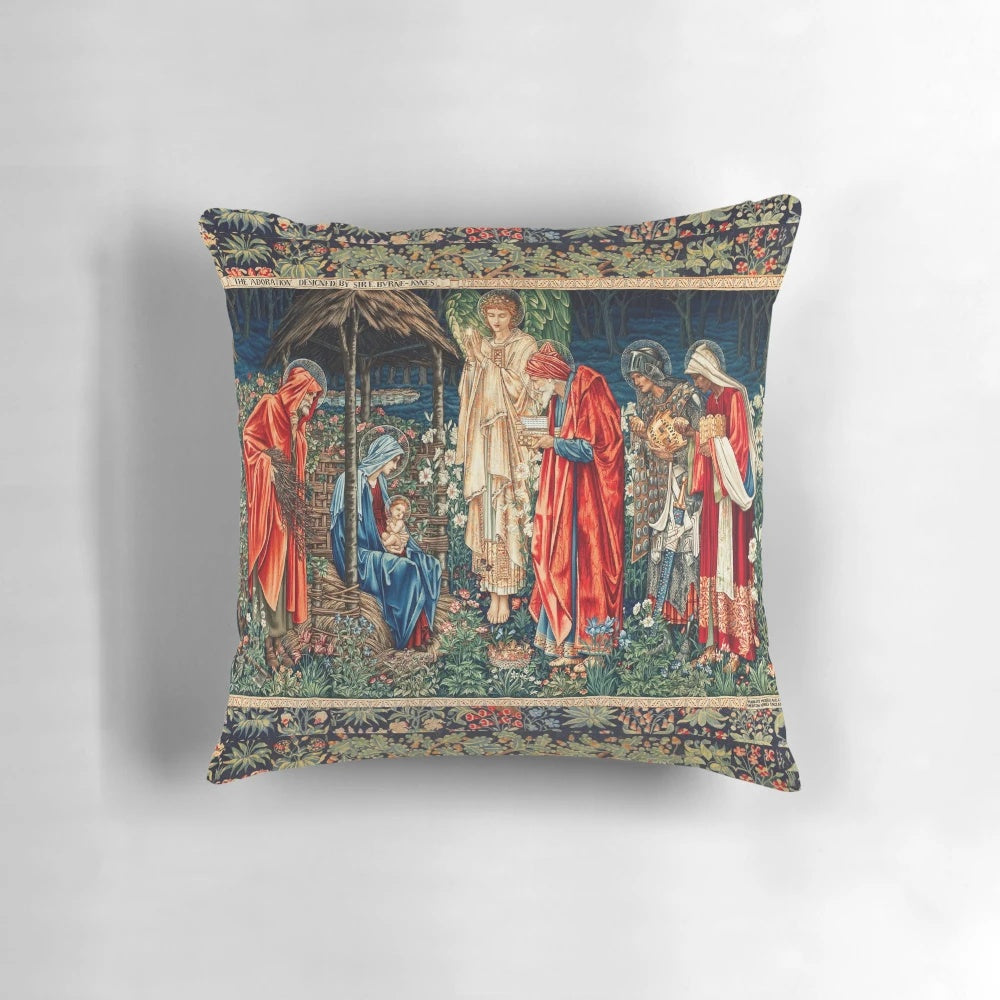 Adoration of the Magi Christmas tapestry pillow featuring a nativity scene designed by William Morris and Burne-Jones.