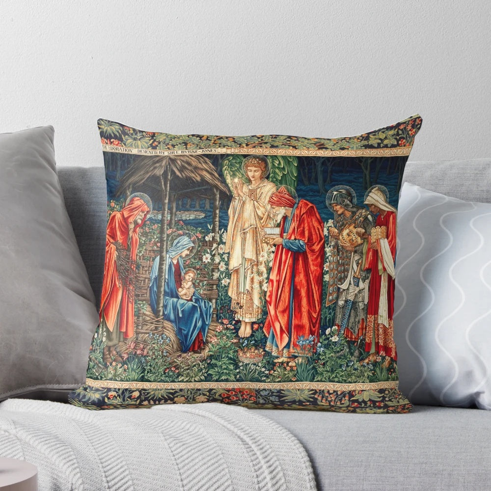 Adoration of the Magi Christmas tapestry pillow featuring a nativity scene designed by William Morris and Burne-Jones.