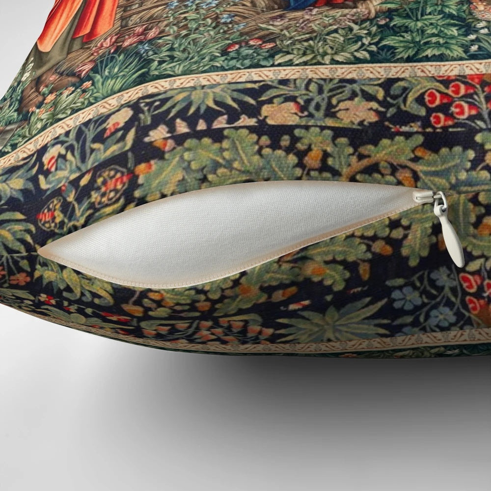 Adoration of the Magi Christmas tapestry pillow featuring a nativity scene designed by William Morris and Burne-Jones.