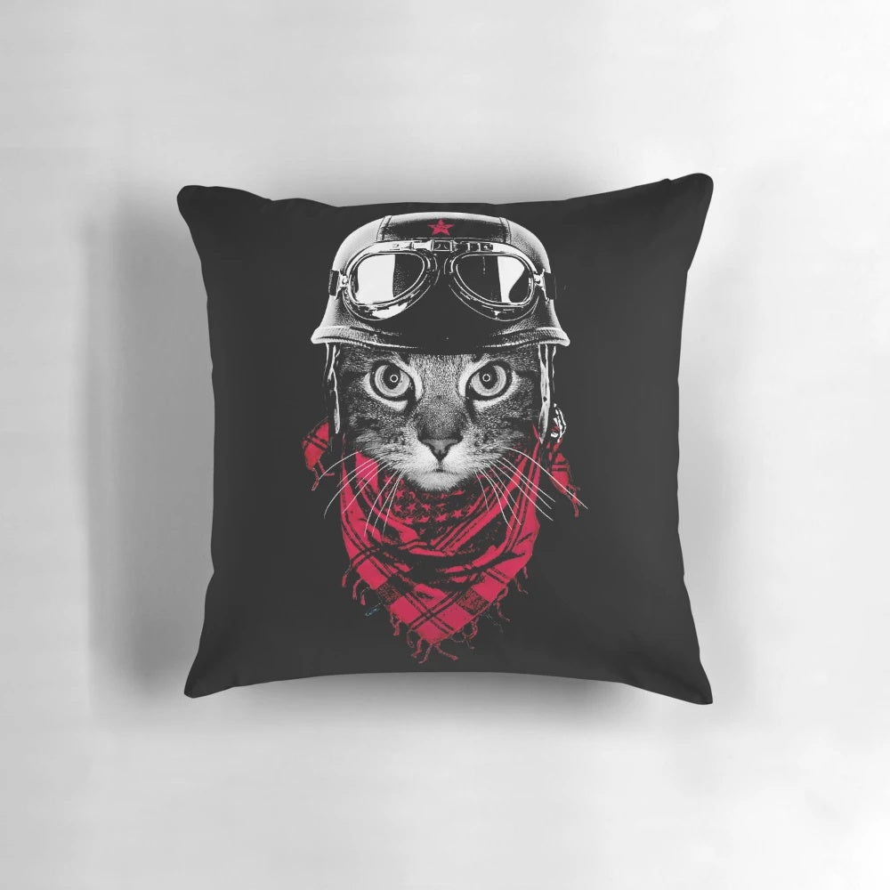 Adorable pillow featuring a cat in an adventurer hat and goggles, perfect for cat lovers and decor enthusiasts.