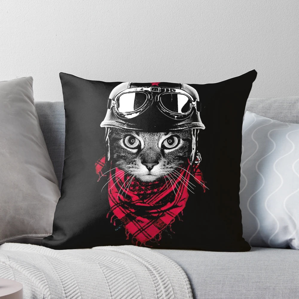 Adorable pillow featuring a cat in an adventurer hat and goggles, perfect for cat lovers and decor enthusiasts.
