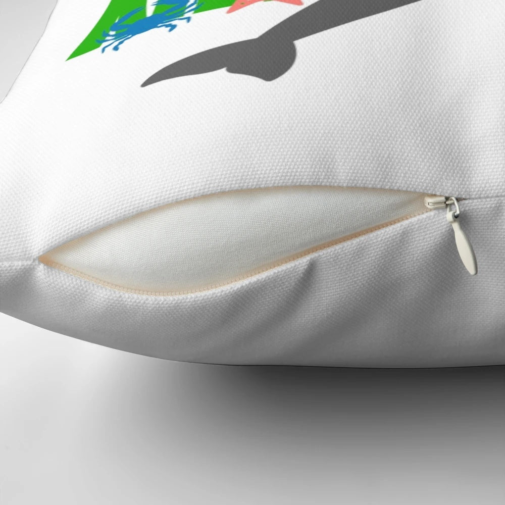 Colorful pillow featuring a cowgirl design with ocean, dolphin, star, and funny elements