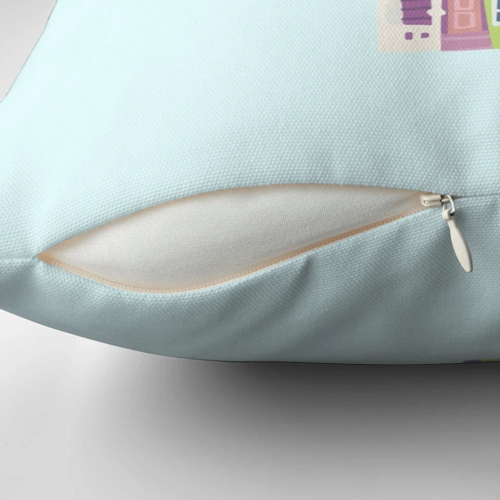 Colorful decorative pillow featuring hand-lettered "Adventure is out there" design inspired by the Disney Pixar movie Up.