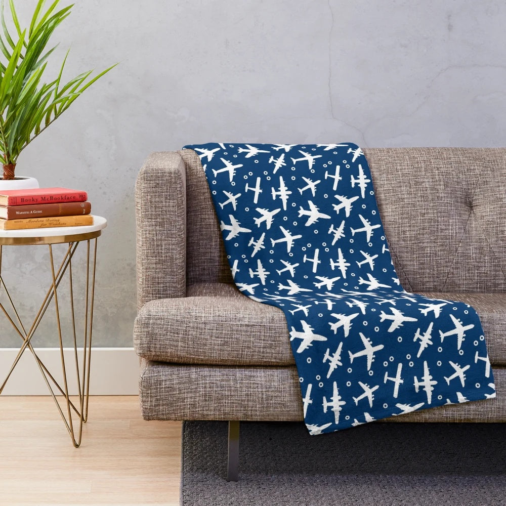 Blue and white aeroplane silhouette pattern plush blanket