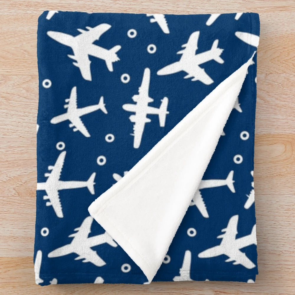 Blue and white aeroplane silhouette pattern plush blanket