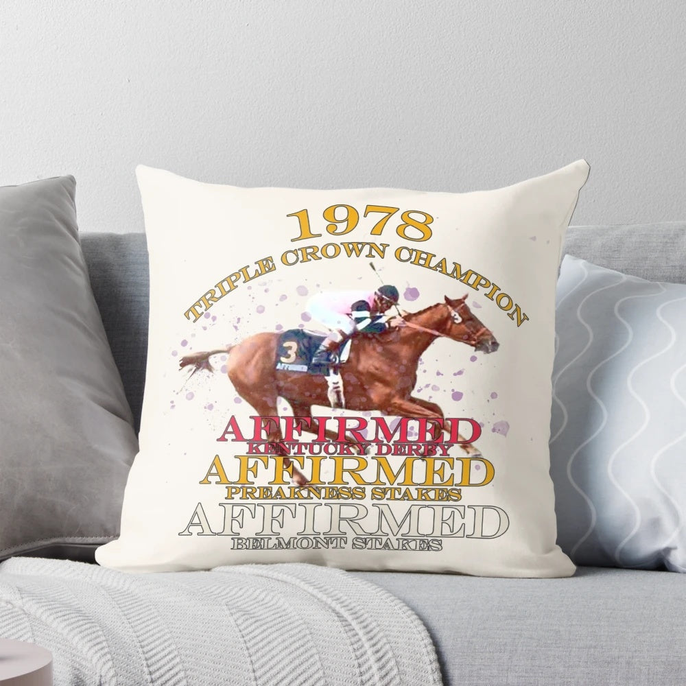 Pillow featuring the 1978 Triple Crown champion Affirmed, a legendary racehorse