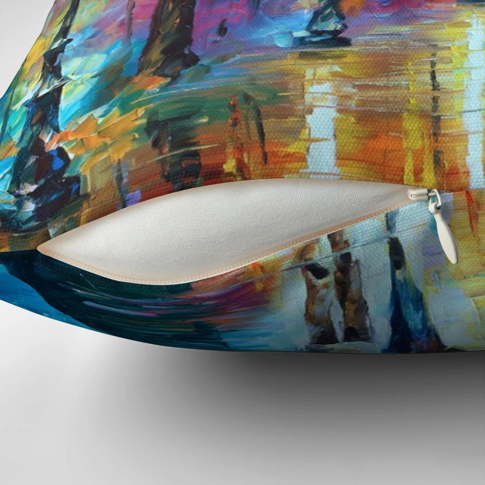 A vibrant, nature-inspired pillow featuring a Leonid Afremov-style oil painting of a lakeside city scene at night.
