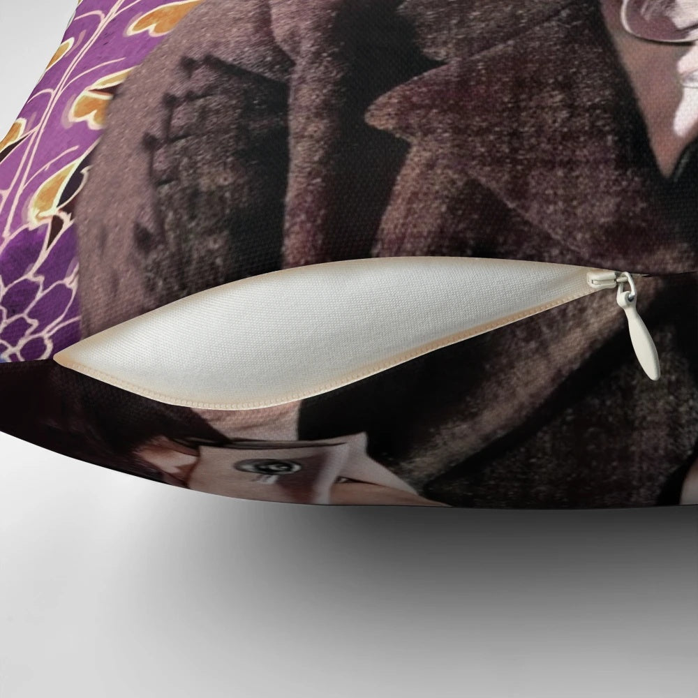 A plush pillow featuring a portrait of Agatha Christie's iconic detective, Miss Marple, from the classic crime fiction novels and films.