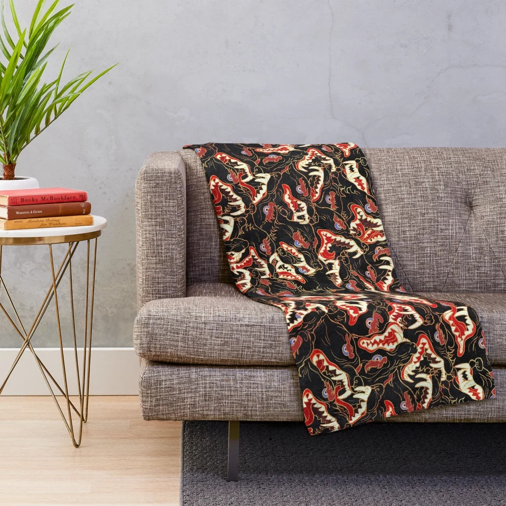 Ahamkara plush blanket with tibetan canine, wolves, snarls, and maws design