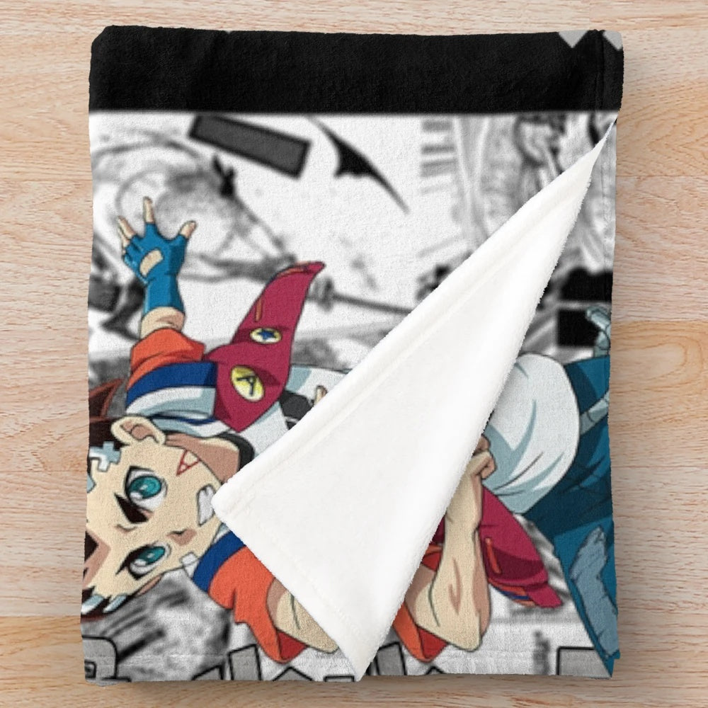 Aiger Akabane inspired Beyblade Burst plush blanket with vintage character design