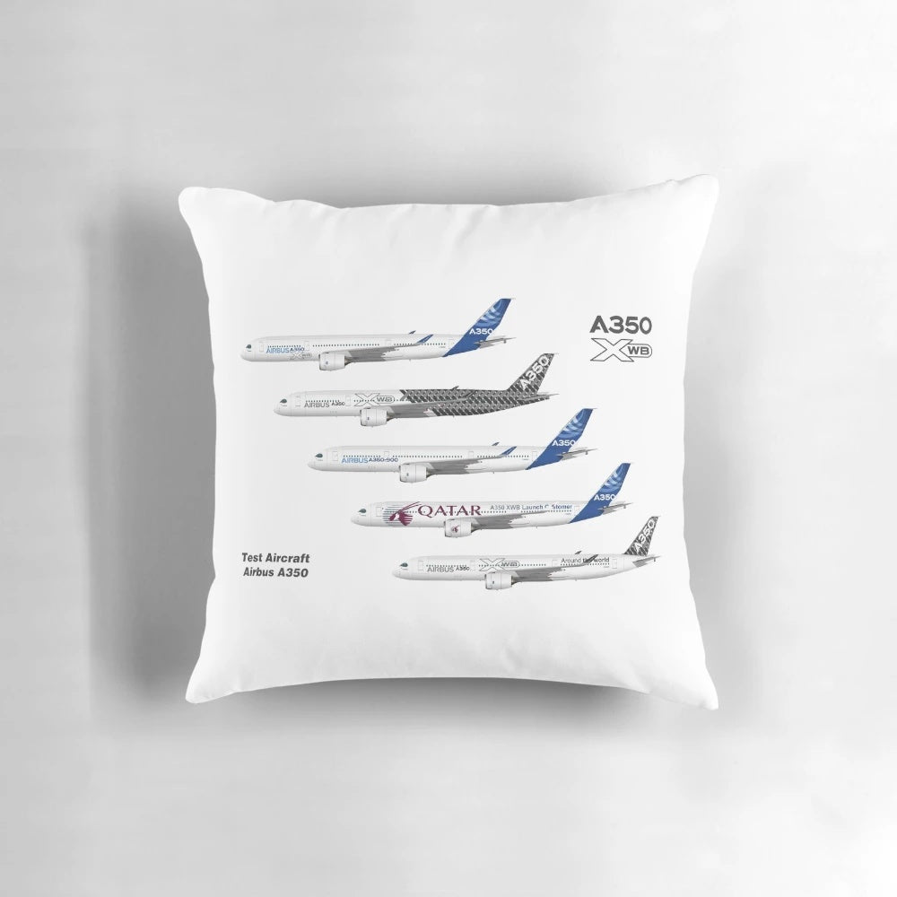 Detailed line drawing illustration of the Airbus A350 XWB test aircraft against a sky background