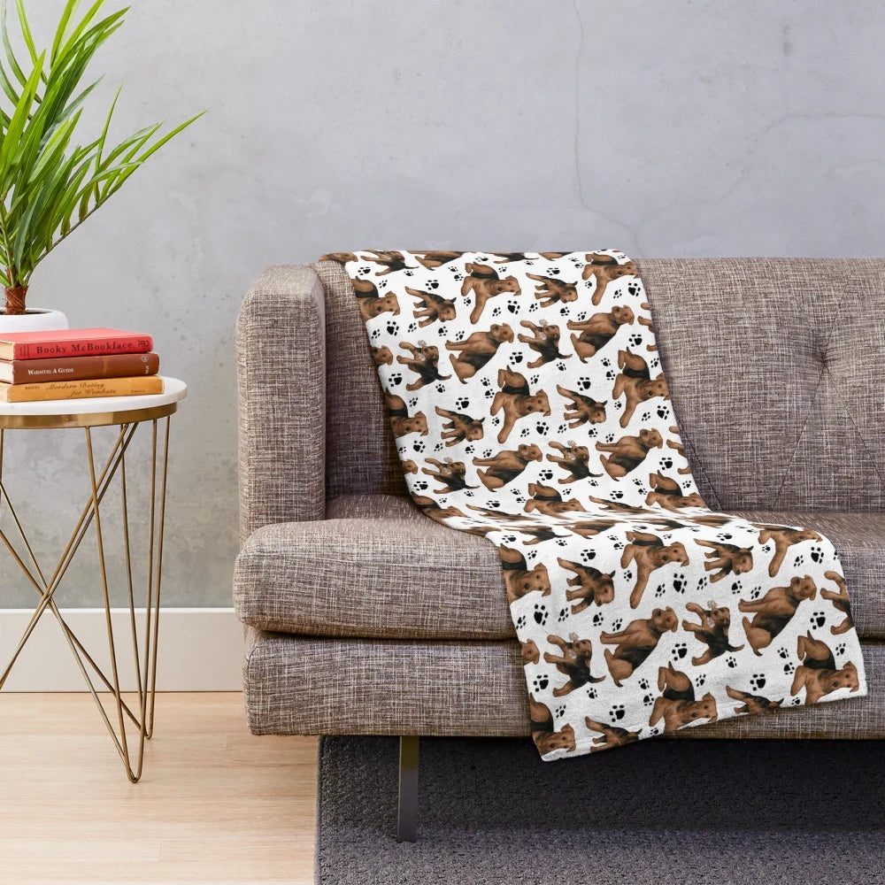 Airedale pattern plush blanket with dog breed design