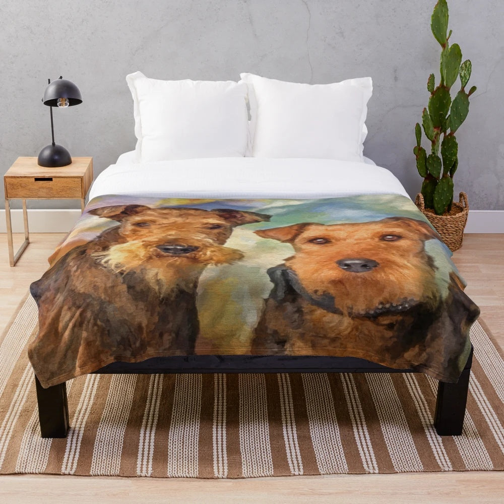 Airedale terrier dog portrait mixed media art plush blanket