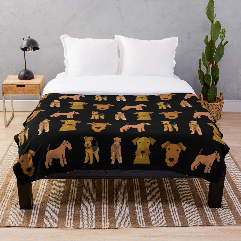 Airedale Terrier Plush Blanket featuring a watercolor-style dog art design