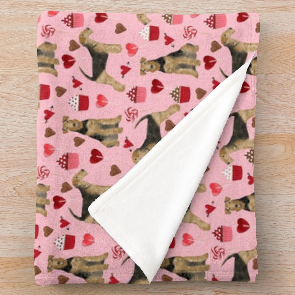 Airedale Terrier Themed Plush Blanket with Cute Hearts and Dog Design
