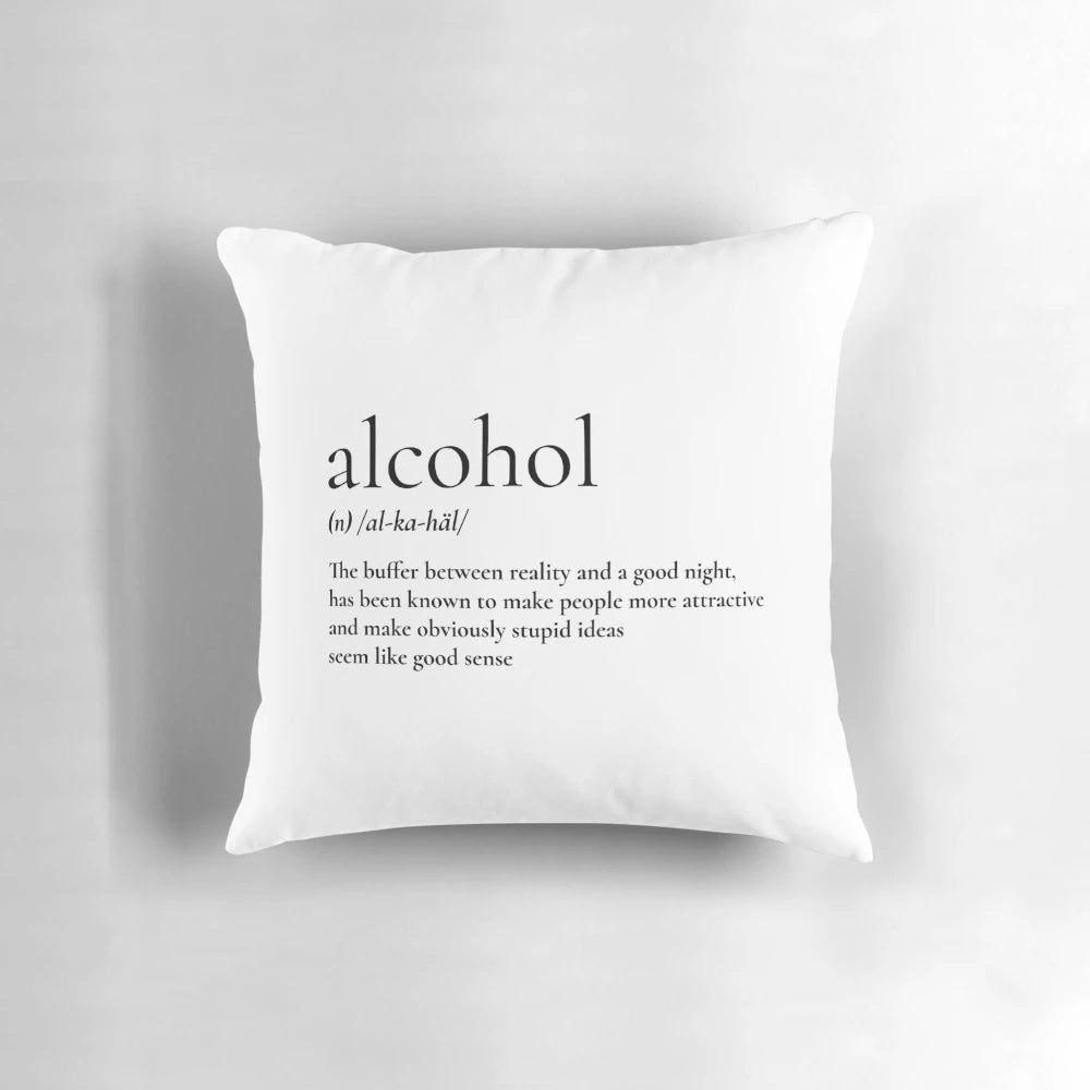 An alcohol-themed pillow with a playful, word-based design