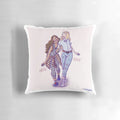 Alexa and Katie best friends pillow featuring a comic art design of the two girls in a supportive friendship.