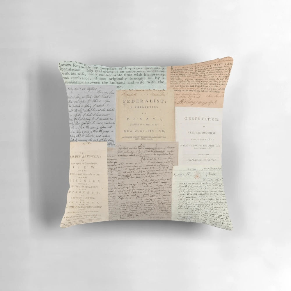 Alexander Hamilton Papers Collection Pillow featuring historic imagery and references to the hit musical.