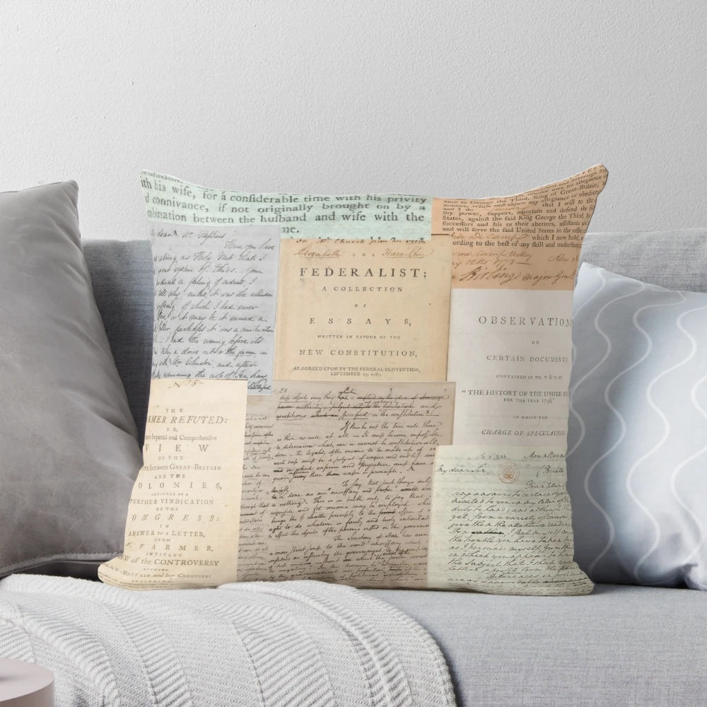 Alexander Hamilton Papers Collection Pillow featuring historic imagery and references to the hit musical.