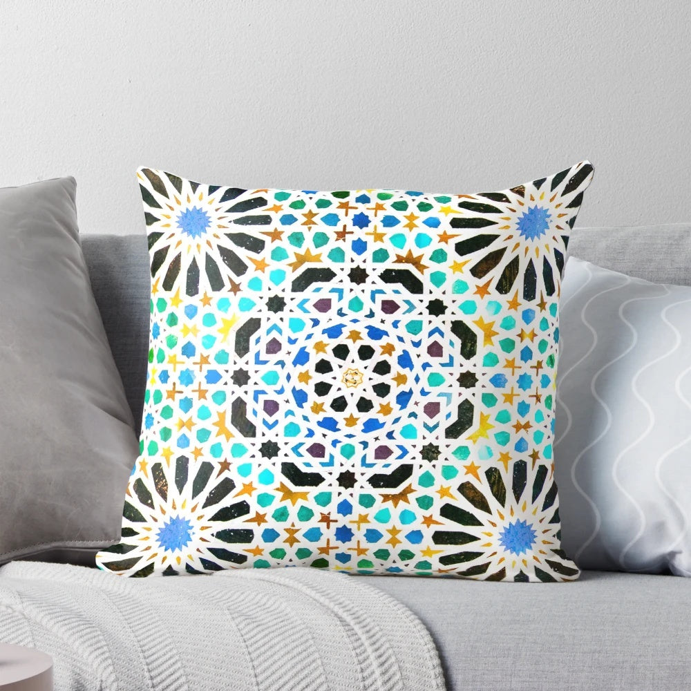 Alhambra-inspired geometric mosaic pattern on a decorative pillow