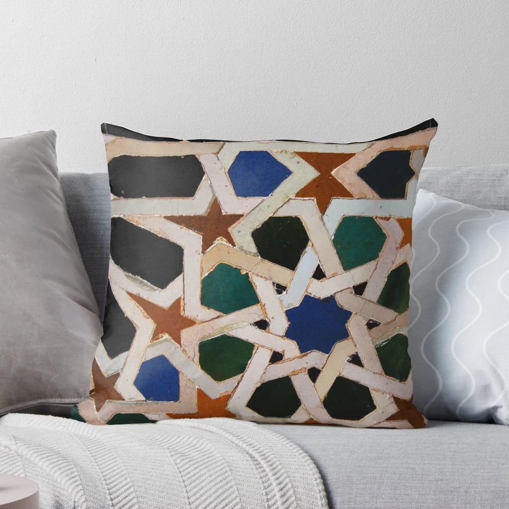 Alhambra Tiles Decorative Throw Pillow with Moorish Arabic Inspired Design