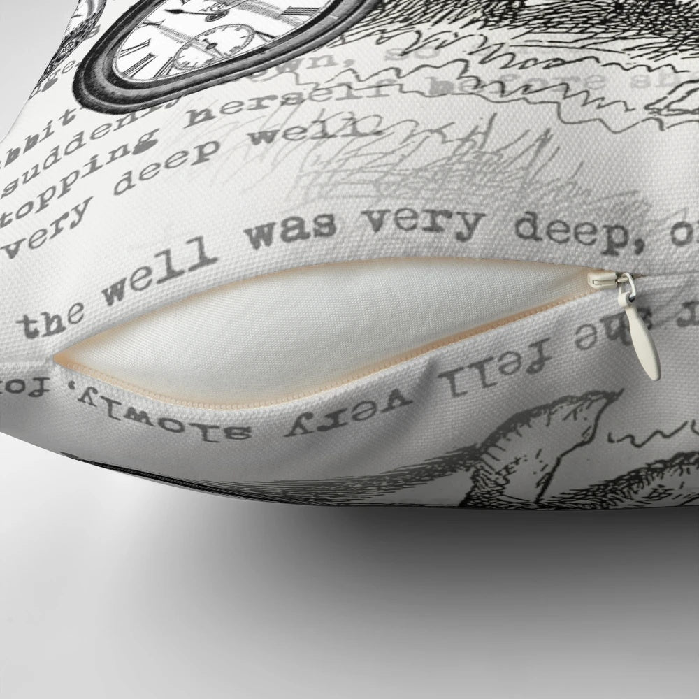 White rabbit-themed decorative pillow with vintage-style clock and "Alice in Wonderland" design