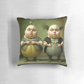 "Colorful Alice in Wonderland inspired pillow featuring Tweedledee and Tweedledum characters"