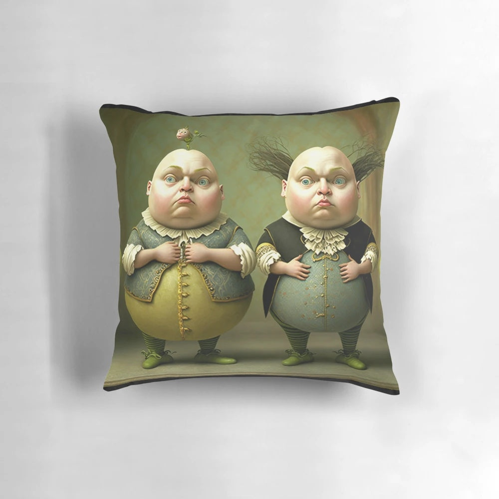 "Colorful Alice in Wonderland inspired pillow featuring Tweedledee and Tweedledum characters"