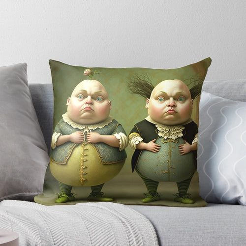 "Colorful Alice in Wonderland inspired pillow featuring Tweedledee and Tweedledum characters"
