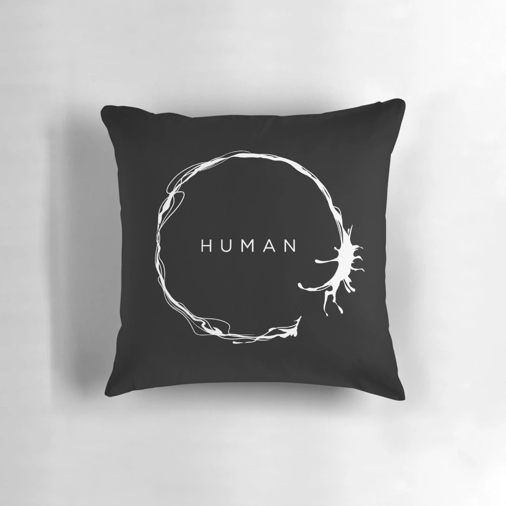 Monochrome abstract design pillow with alien-inspired heptapod shapes and patterns